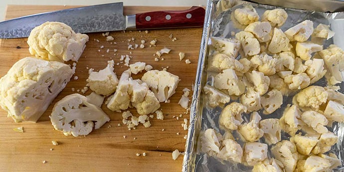 Cauliflower cut into florets and roasted in a pan