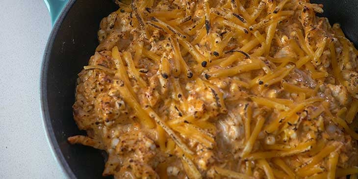 buffalo chicken dip in baking dish 