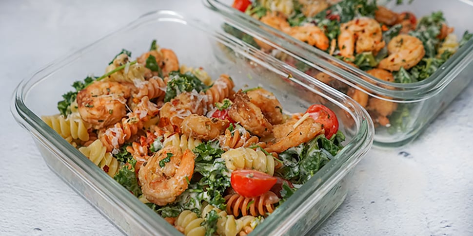 shrimp salad in meal prep containers 