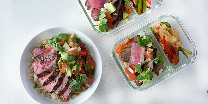 steak faijta bowl recipe in meal prep containers 