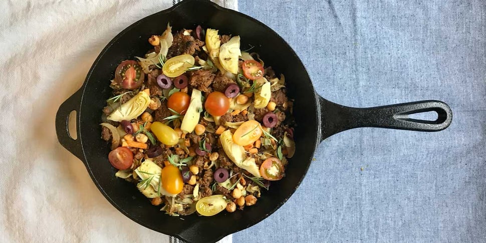 Vegan Beyond Meat Skillet on a cast iron pan