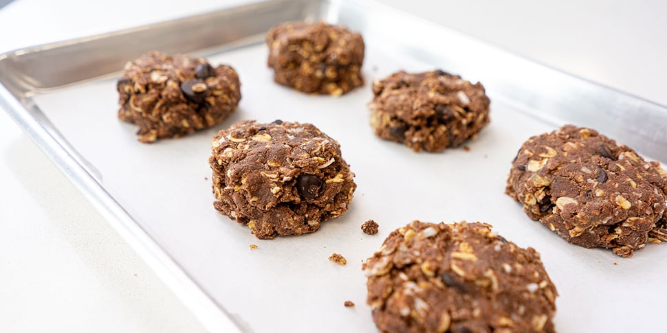 no bake peanut butter protein cookie on sheet tray