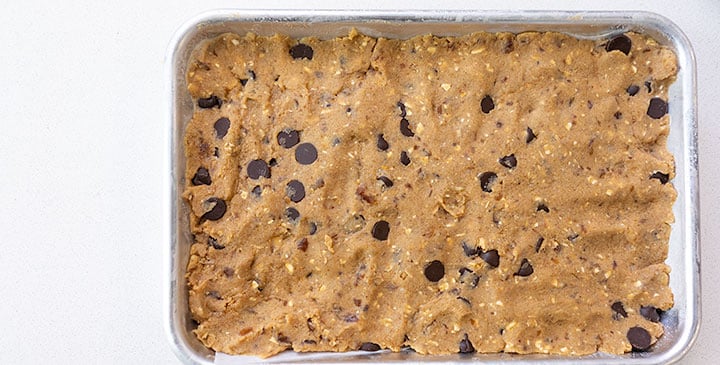 protein cookie dough bar recipe on sheet tray