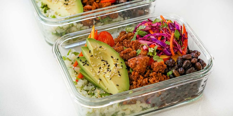 vegan burrito bowl recipe in meal prep container 