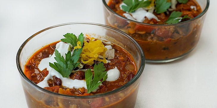 vegetarian chili recipe in meal prep container 