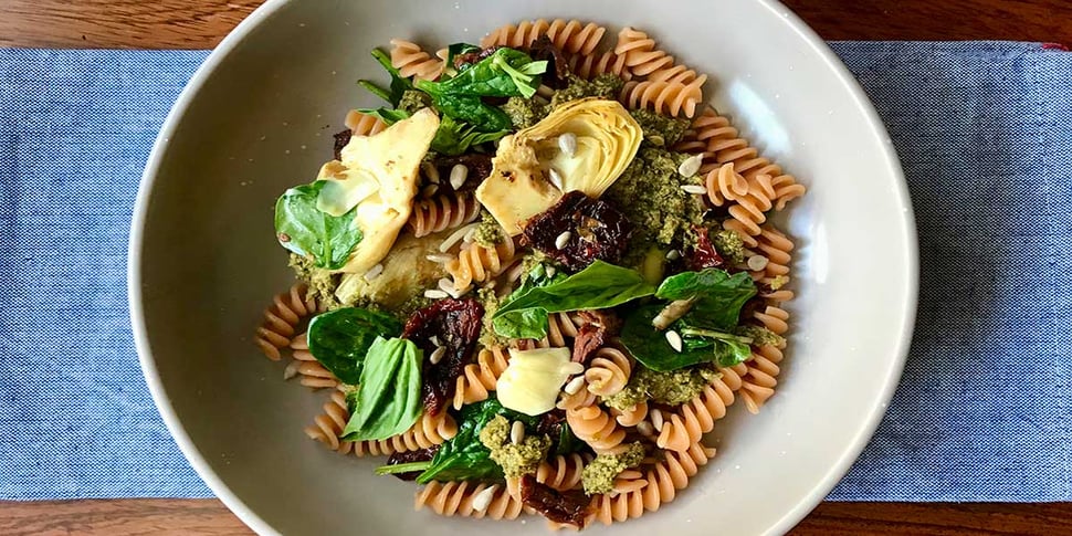 vegan pesto spinach and artichoke pasta recipe 