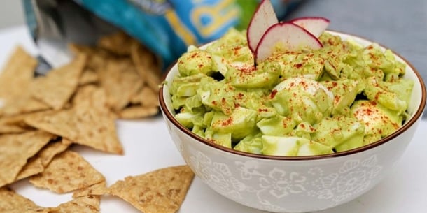 This avacado egg salad recipe is a delicious low-calorie twist on a traditional favorite