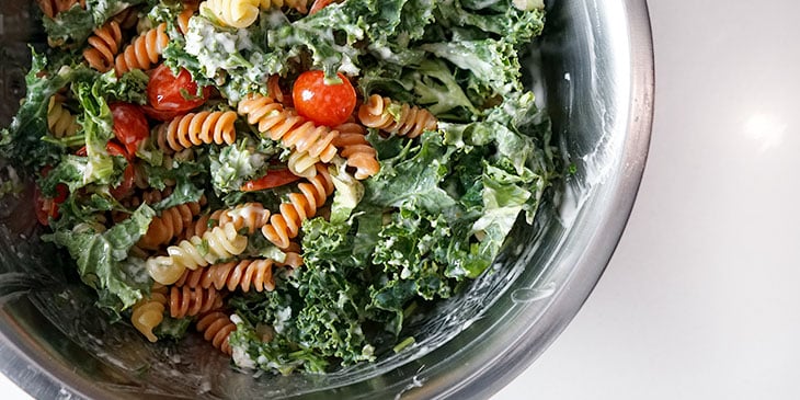 ingredients for shrimp pasta salad in bowl 