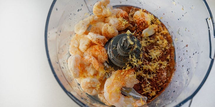 ingredients for shrimp burger in food processor 