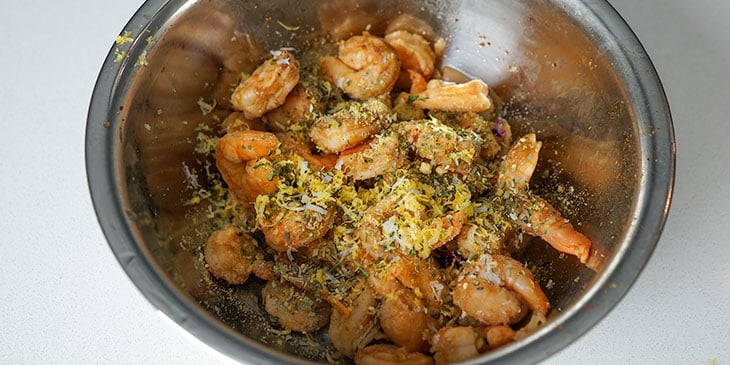 shrimp for high protein pasta salad in bowl 