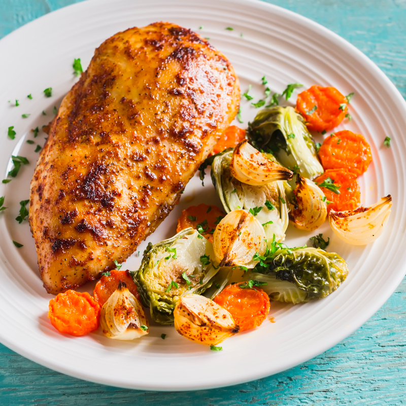 Balsamic Herbed Brussel Sprouts with Glazed Chicken @2x