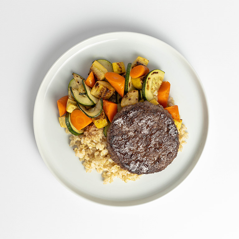 Beef Patty with Brown Rice and Mixed Vegetables