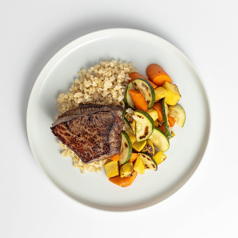Grass-Fed Steak with Brown Rice and Mixed Vegetables