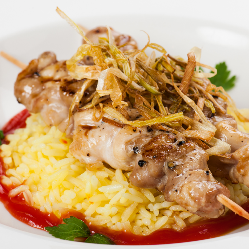 Spice Marinated Chicken Kabob with Yellow Rice @2x
