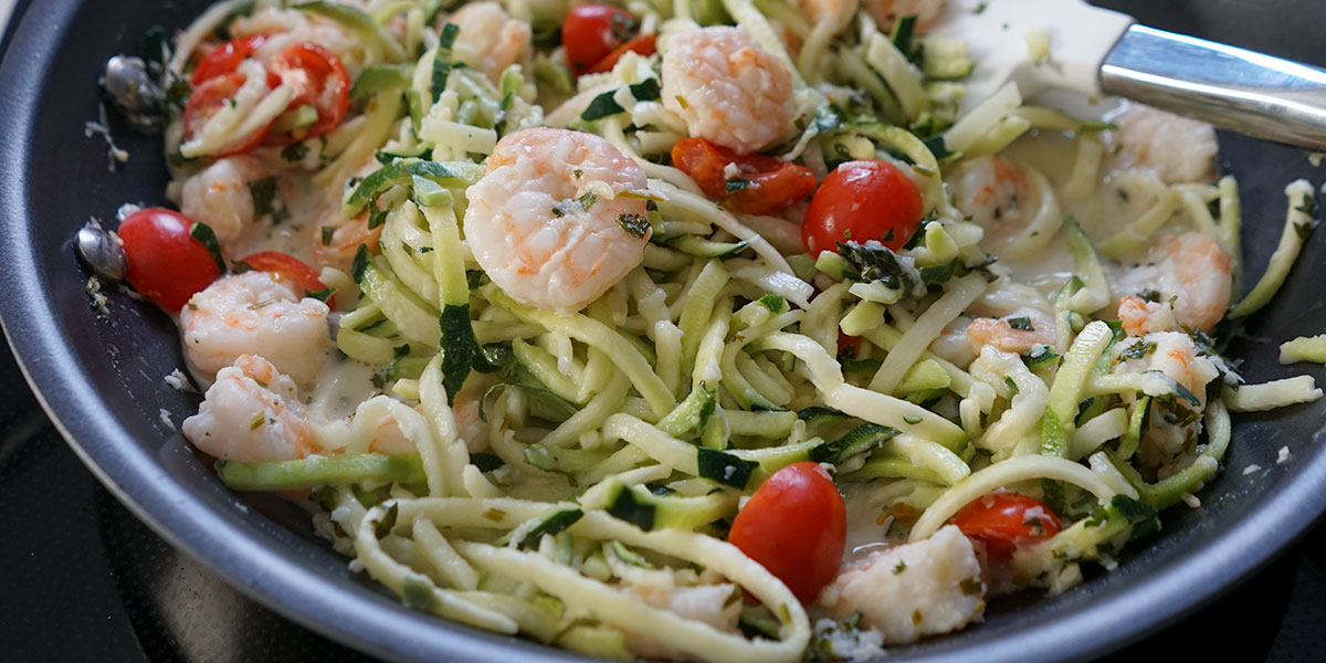 Garlic Shrimp Zucchini Noodle Recipe on a saute pan