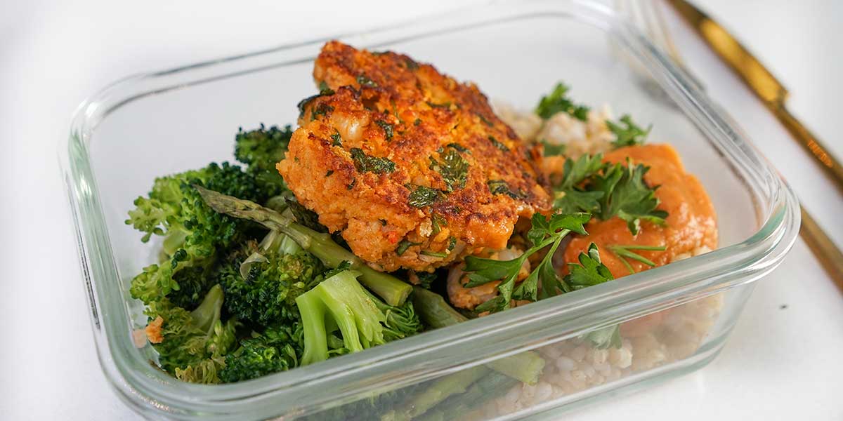 Crispy Shrimp Burger Recipe in meal prep container