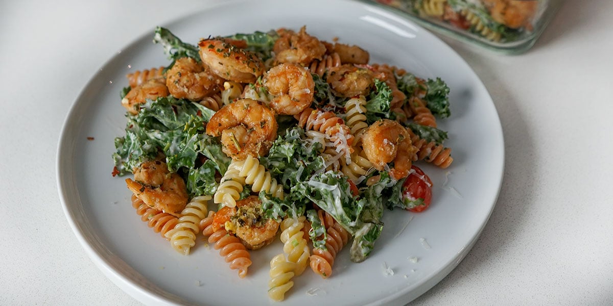 high protein pasta salad recipe on plate